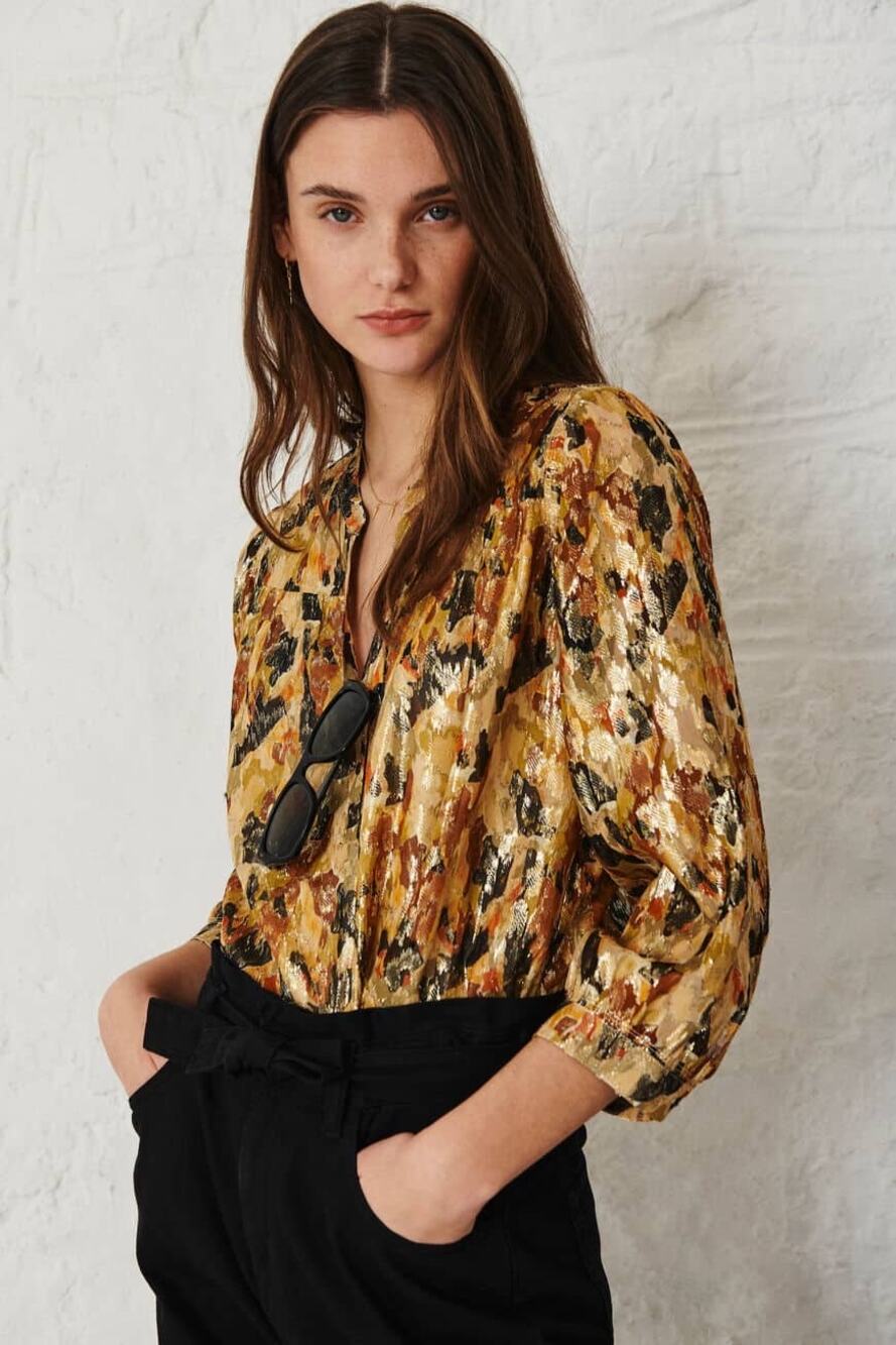 ba&sh Gold Brown Silk Shimmer Animal Print Gaby Blouse 3/4 Sleeves Women size XS